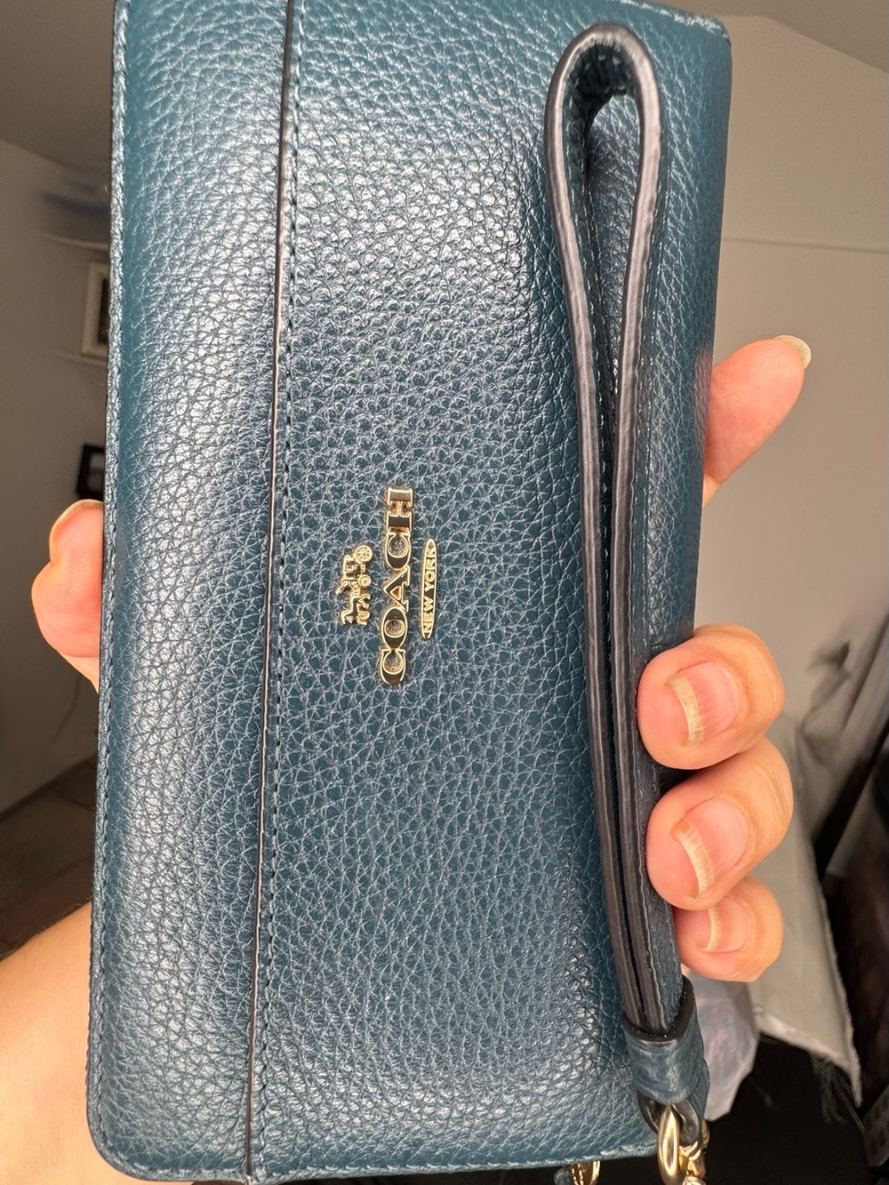 Coach Pebbled Leather Wristlet Wallet - teal/navy